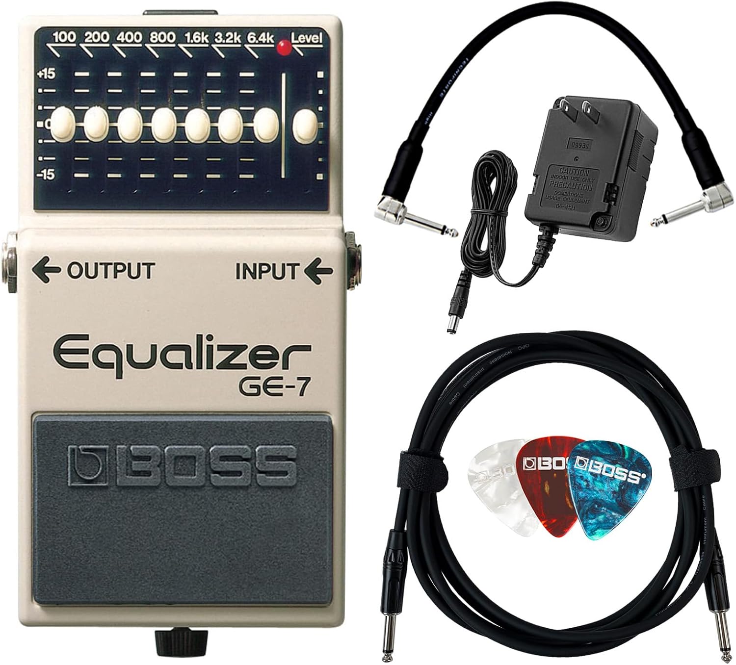 Boss GE-7 Graphic Equalizer Bundle with Gearlux Power Supply, Instrument Cable, Patch Cable, and Picks