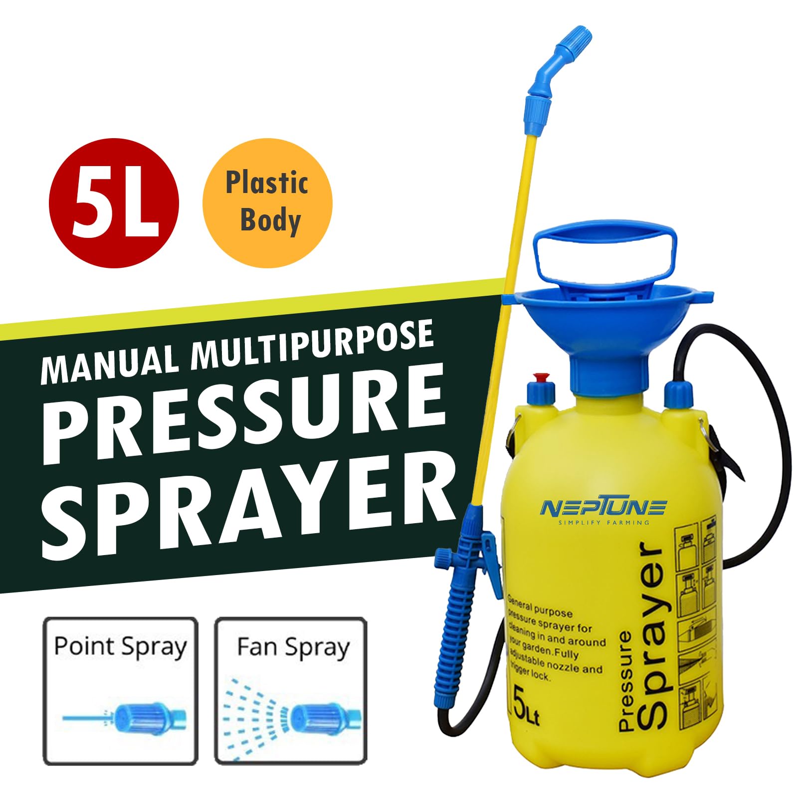 Neptune Simplify Farming 5L Hand Operated Multi-Purpose Compression Sprayer | Adjustable Shoulder Strap, Pressure Relief Valve | Ideal for Gardening, Lawn, Household Cleaning, Sanitizing, Agriculture - Image 2 thumbnail