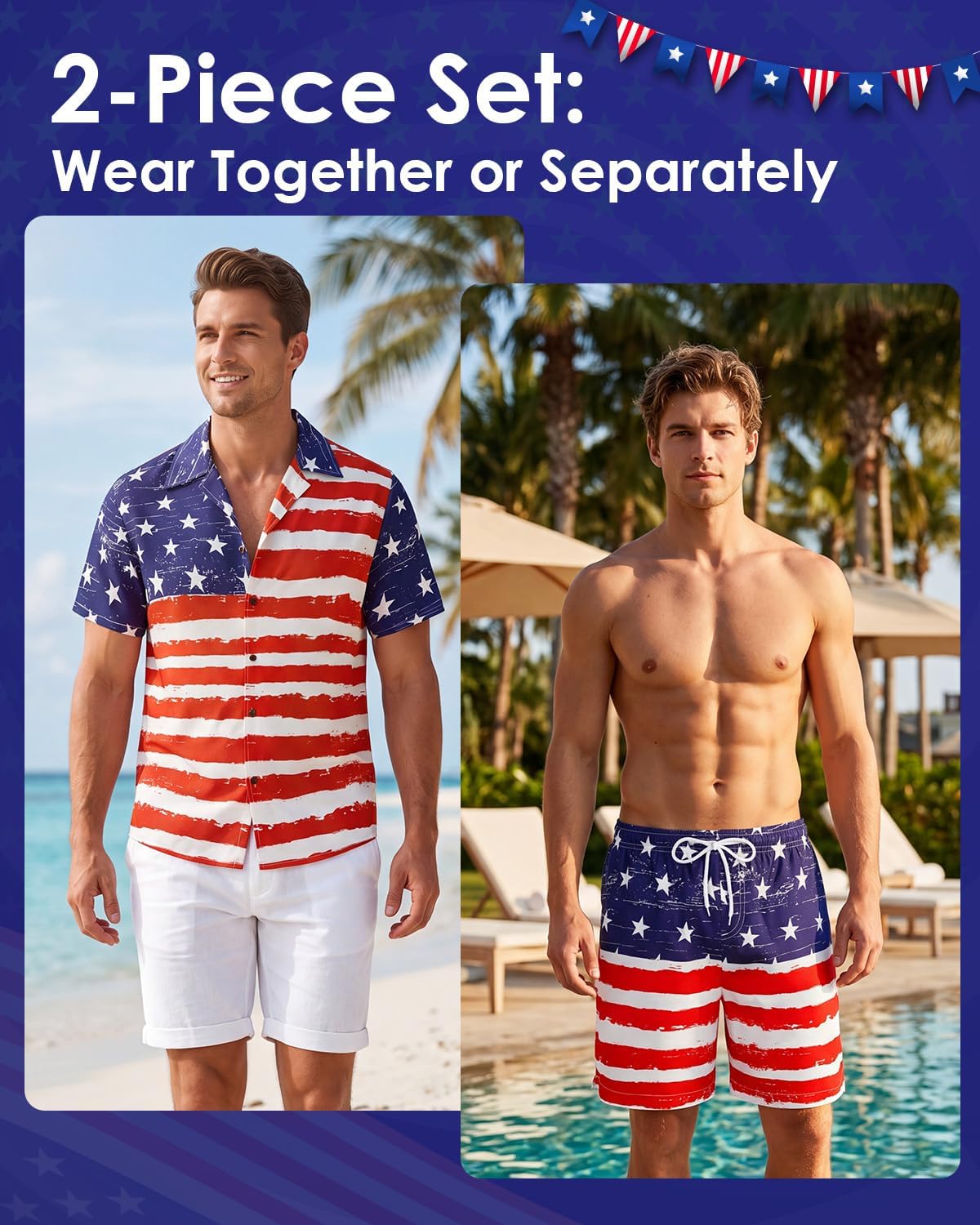 Century Star American Flag Suit for Men Hawaiian Beach Outfits Short Sleeve Summer Vacation Hawaii Shirt & Swim Trunks Set