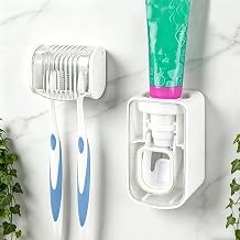 2 Slots Wall Mount Toothbrush Holder with Cover, Self Adhesive Toothbrush Storage Organizer for Shower, Toothbrush Hanger with Automatic Toothpaste Squeezer DispenserWhite