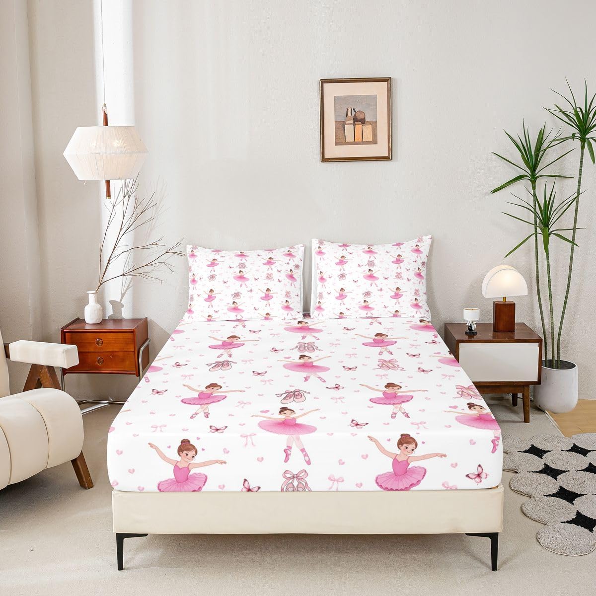 jejeloiu Ballet Dancer Bed Sheets Set Full Size Ballerina Shoes Bed Set for Kids Boys Girls Butterfly Bowknot Deep Pocket Fitted Sheet Dreamy Princess Breathable Soft Lightweight Microfiber