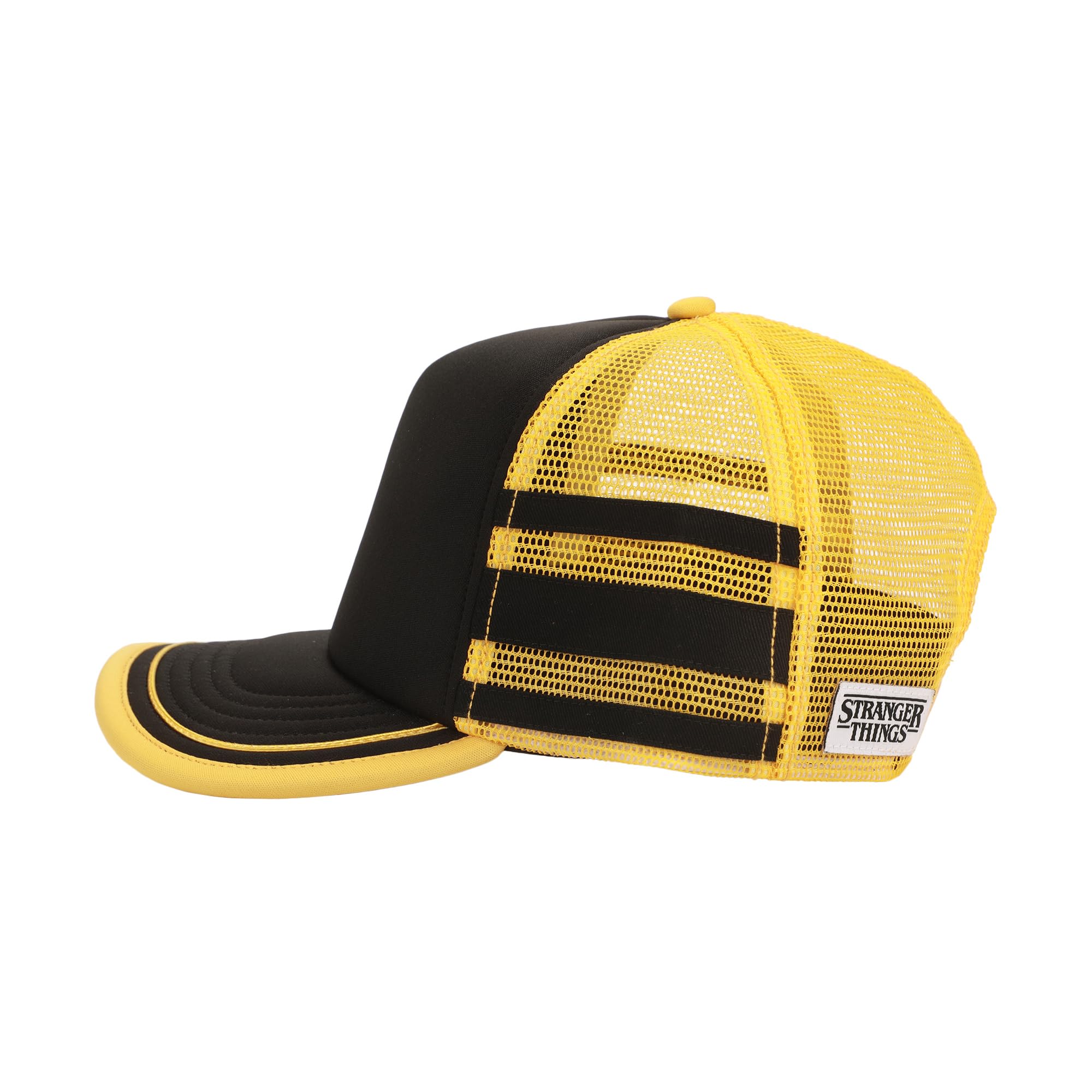 Gorra Stranger Things Dustin Henderson negra y amarilla de cosplay estilo trucker