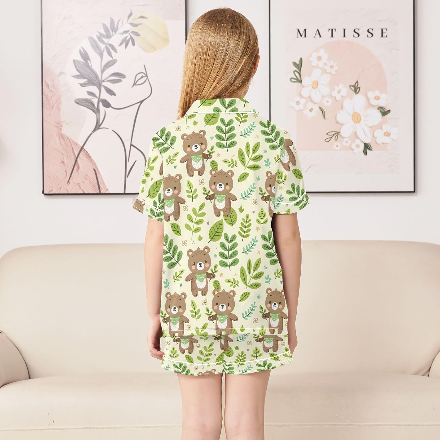 Kids Casual Satin Wear Set Cartoon Bear and Green Leaf Unisex Short Sleeve Clothing for Relaxing