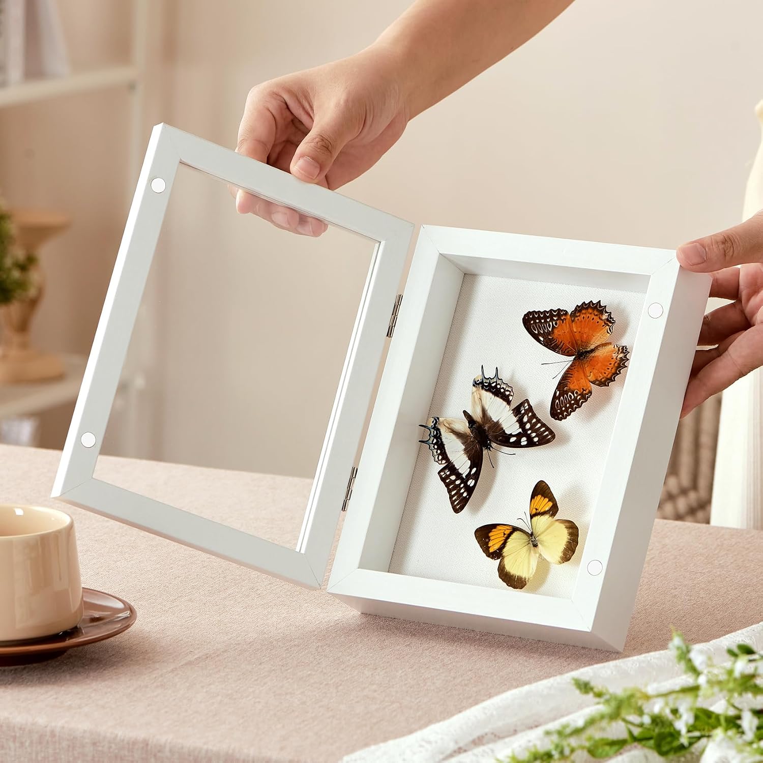 5x7 White Deep Shadow Box Picture Frame with HD Clear Glass | Small Shadow Box Display Case with Stand,Push Pins,and Linen Back.Display on Tabletop or Wall for Photo,Keepsake,Wedding