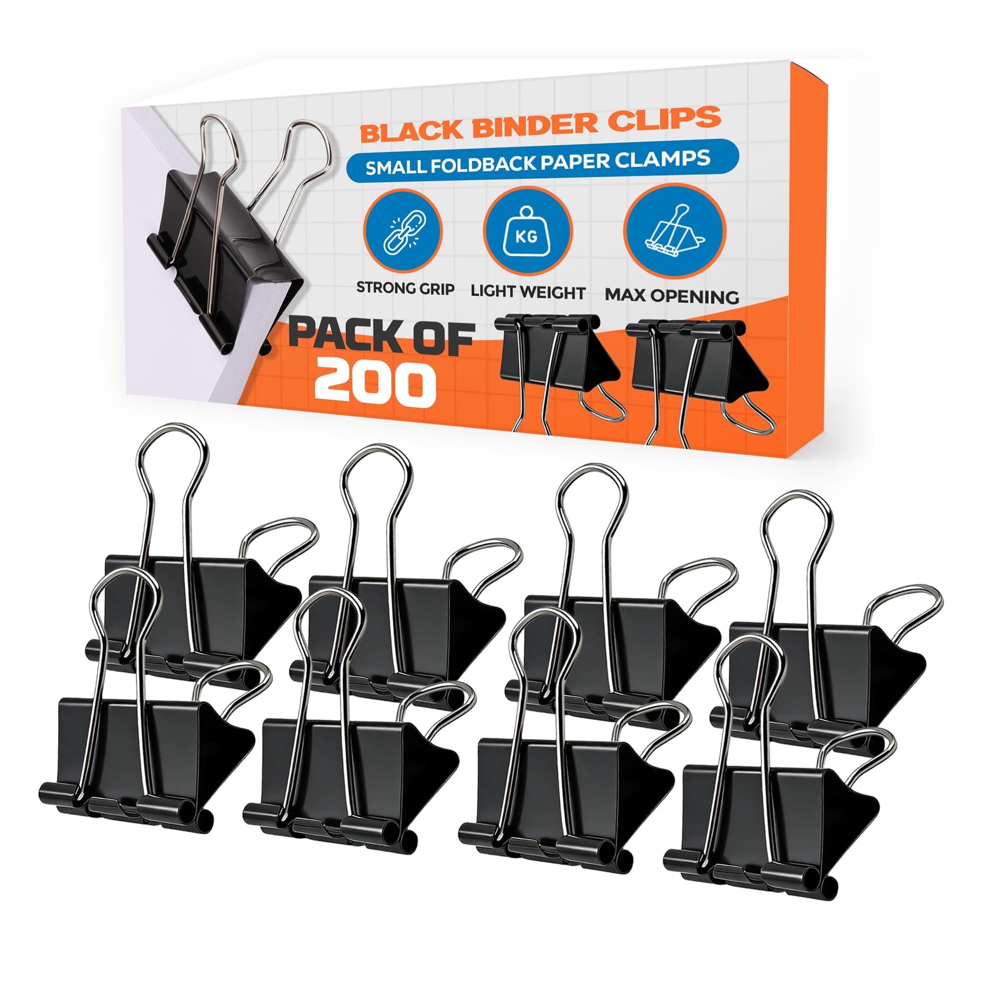 AIBULO 32mm Black Binder Clips,Pack of 200 – Medium Foldback/Bulldog Clips, Metal Paper Clips for Document & File Organisation, Office, School & Home Multi-Purpose Clips & Clamps