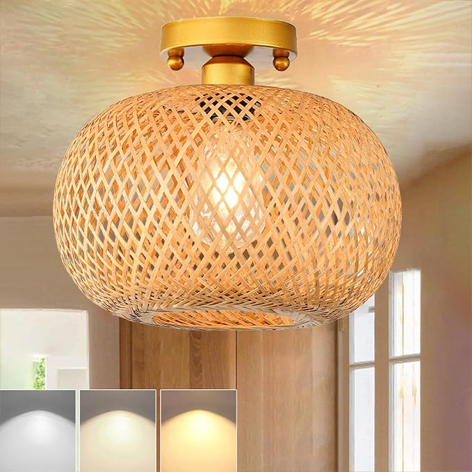 KZT KZT Rotan Lamp Vintage Plafondlamp Dimbaar Retro Bamboe Houten Lampenkap Plafonniere E27 Industrieel Hangende Lamp voor Keuken Hal Woonkamer Slaapkamer Eetkamer Rustiek Kroonluchter