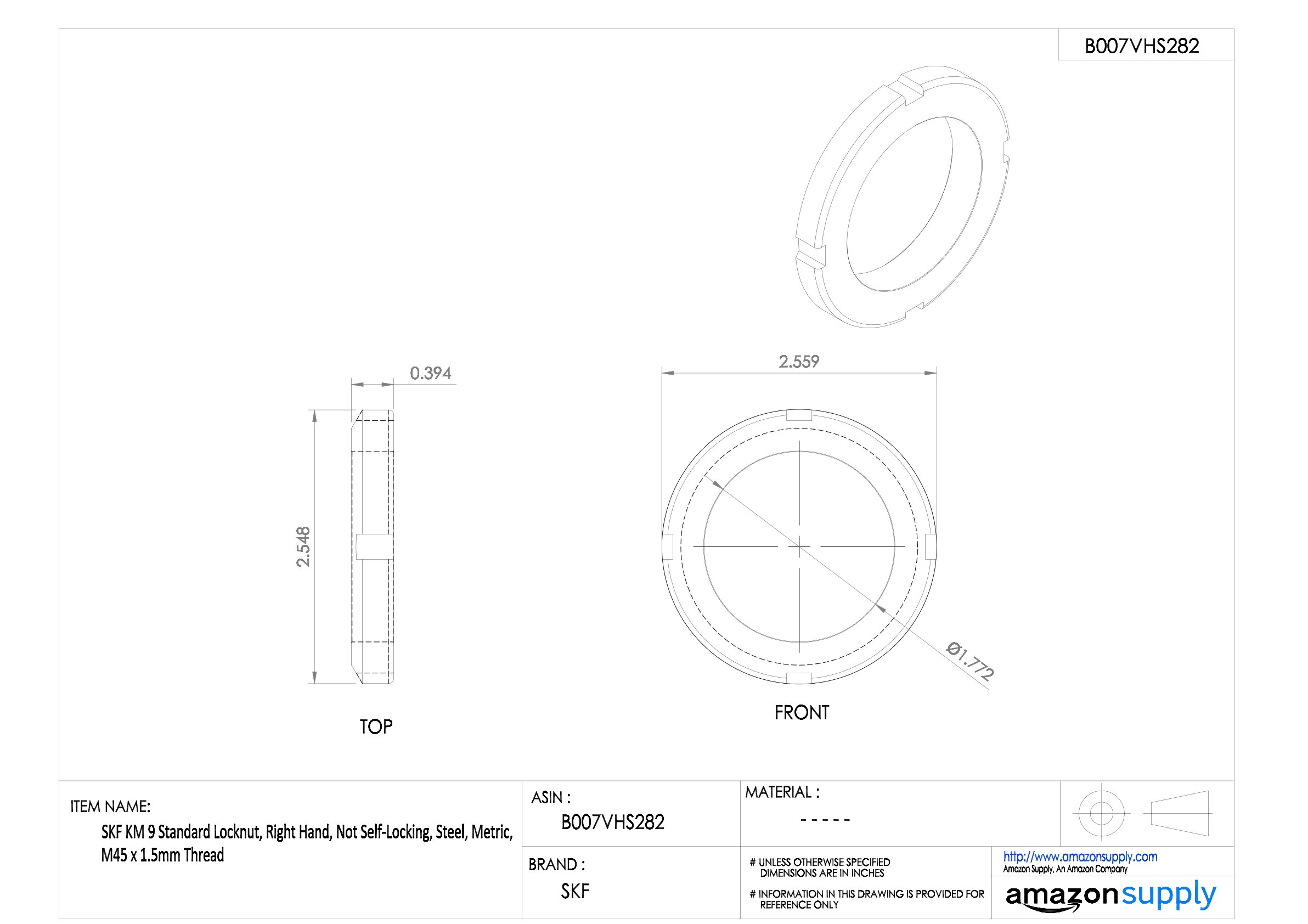 SKF Standard Écrou est, la main droite, non autobloquant, Acier, métrique, M45 Thread Size, 1