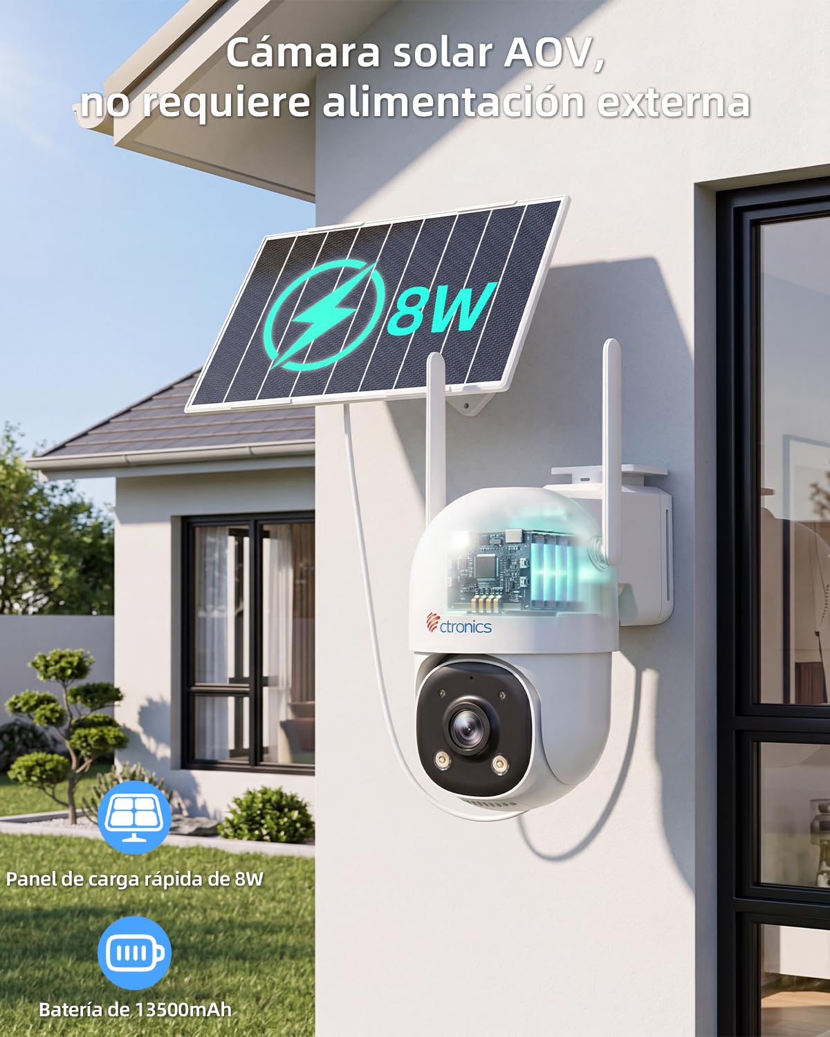 Ctronics AOV Cámara de Vigilancia–Grabación 24/7,Seguimiento Auto 30m | Soporte SIM incluido，Panel Solar 8W, Batería 13500mAh, Detección Humana y Seguimiento Auto 30 m, PTZ, IP66