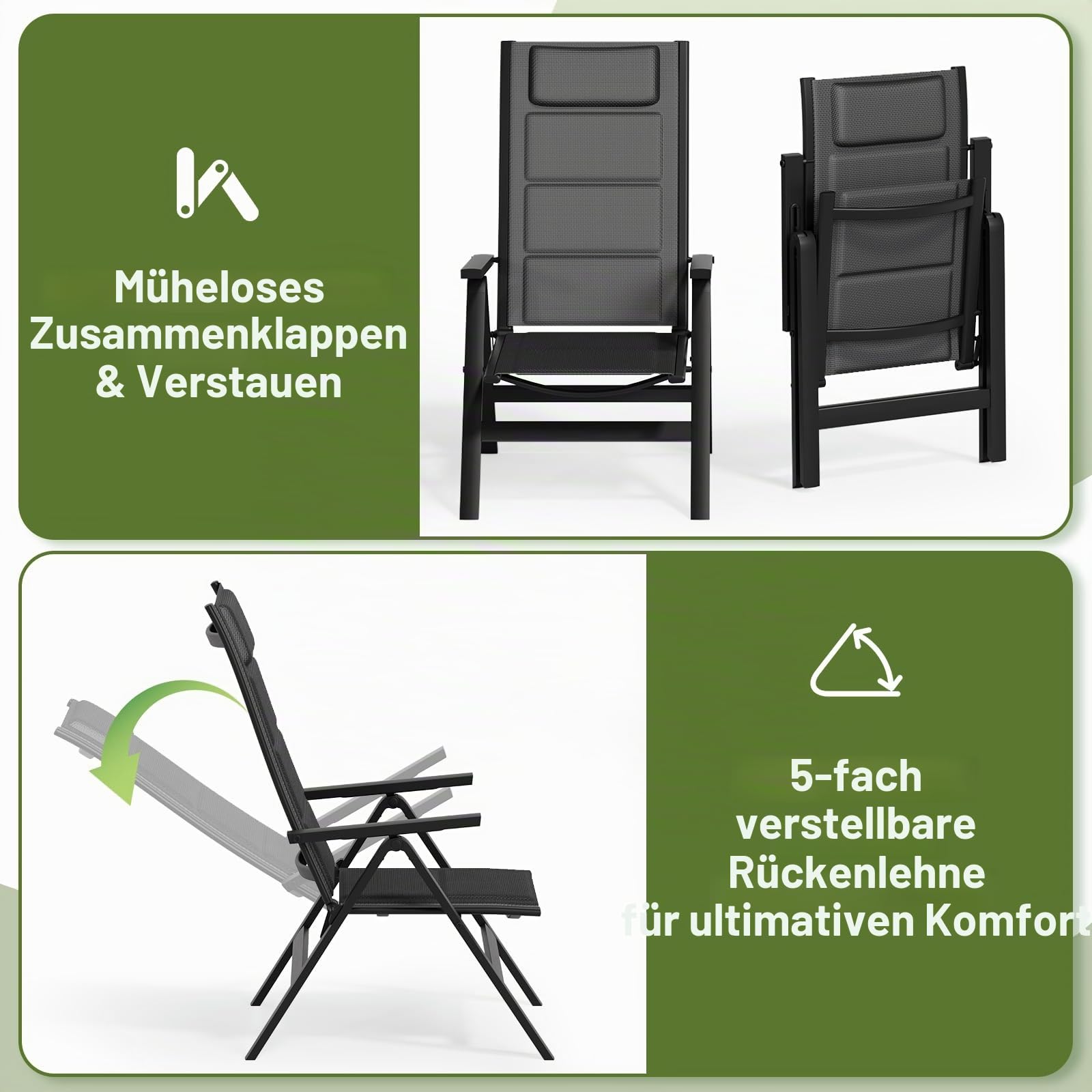 JUMMICO Gartenmöbel Set Klappbar, 5-Fach Verstellbarer Aluminium Sessel mit Holztisch, Wetterfestes Terrassenmöbel für Balkon und Garten