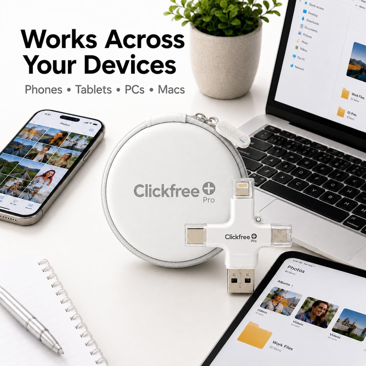 Clickfree Pro 256GB 4-in-1 Photo & Video Backup Device for iPhone, Android, iPad & Mac – Includes Photo Book Voucher + Unlimited AI Credits (Pearl White)