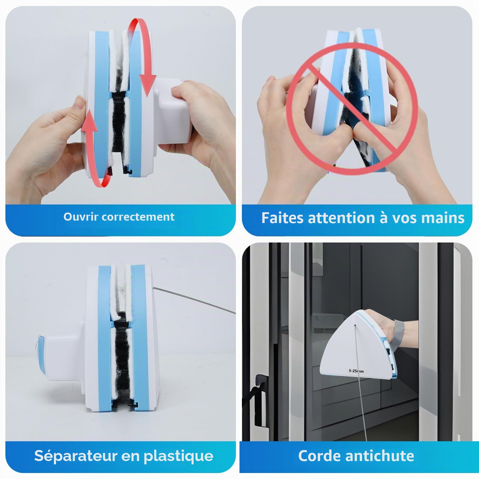 Podazz Home Nettoyeur de vitres magnétique double face, essuie-vitres magnétique double ajustable, pour immeubles de grande hauteur et pare-brise de voiture avec une épaisseur de 5-25 mm (5-25 mm)