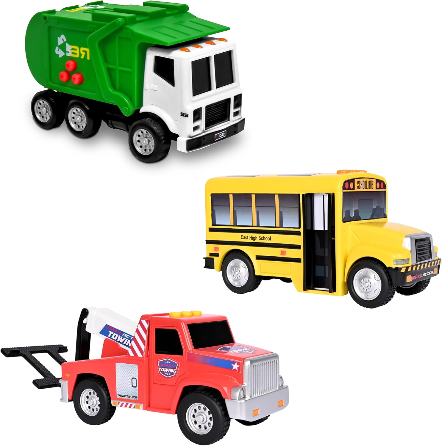Maxx Action 3 Pack Mini Lights and Sounds Citi Vehicles - Tow Truck, School Bus and Recycle Truck