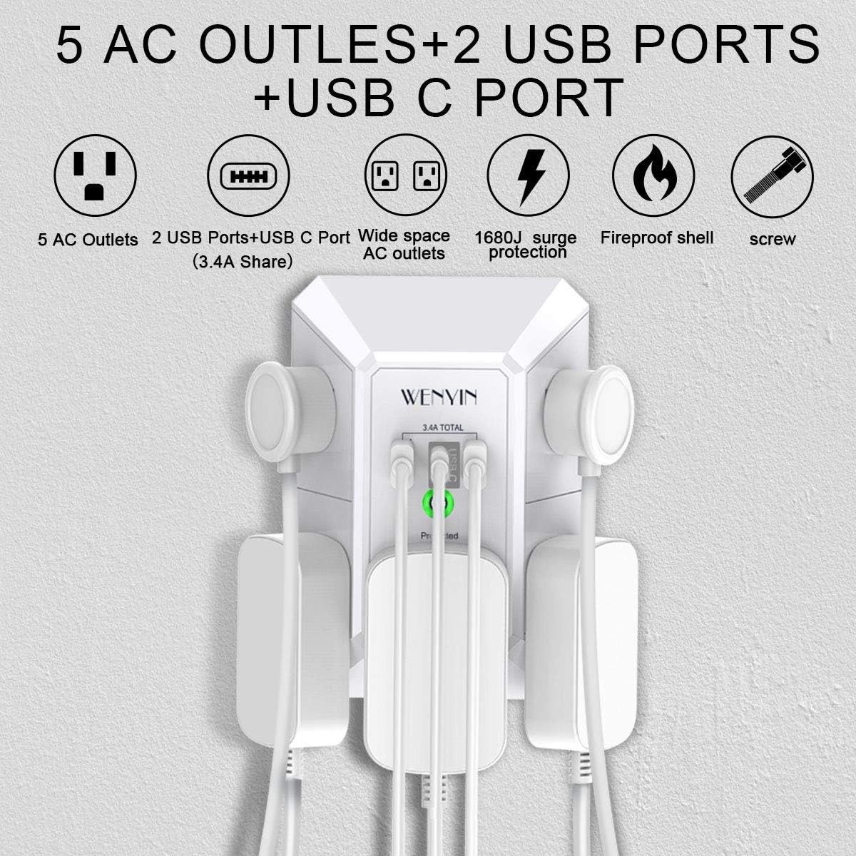 USB Wall Charger, Surge Protector, 5 Outlet Extender with 3 USB Ports, 3-Sided 1680J Power Strip Multi Plug Outlets Wall Adapter Spaced for Home Travel Office (2USB 1Typc C)