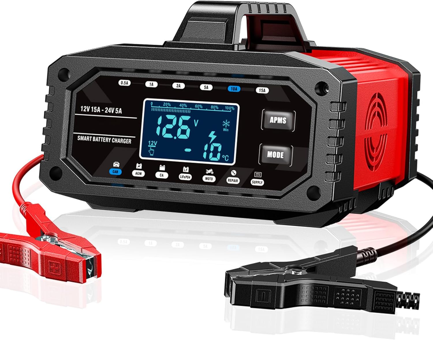 Shkalacar Power Supply 12V 24V AGM Battery Desulfator 15A Smart Battery Charger Maintainer with LCD Display AI 10-Stage Charging for Car Motorcycle Truck Boat LiFePO4 (US Plug)