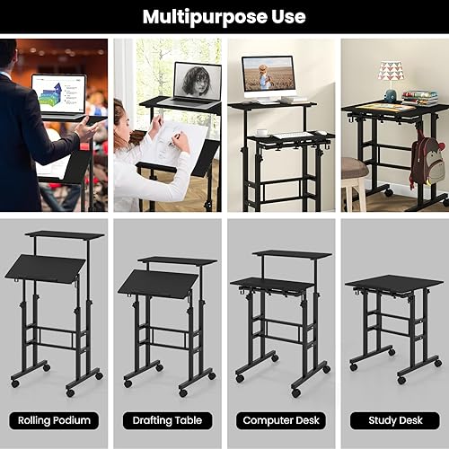 Miniatura 8 de Tangkula Escritorio móvil de pie, carrito de podio para laptop de altura ajustable con mesa inclinable y ángulo ajustable, escritorio de computadora