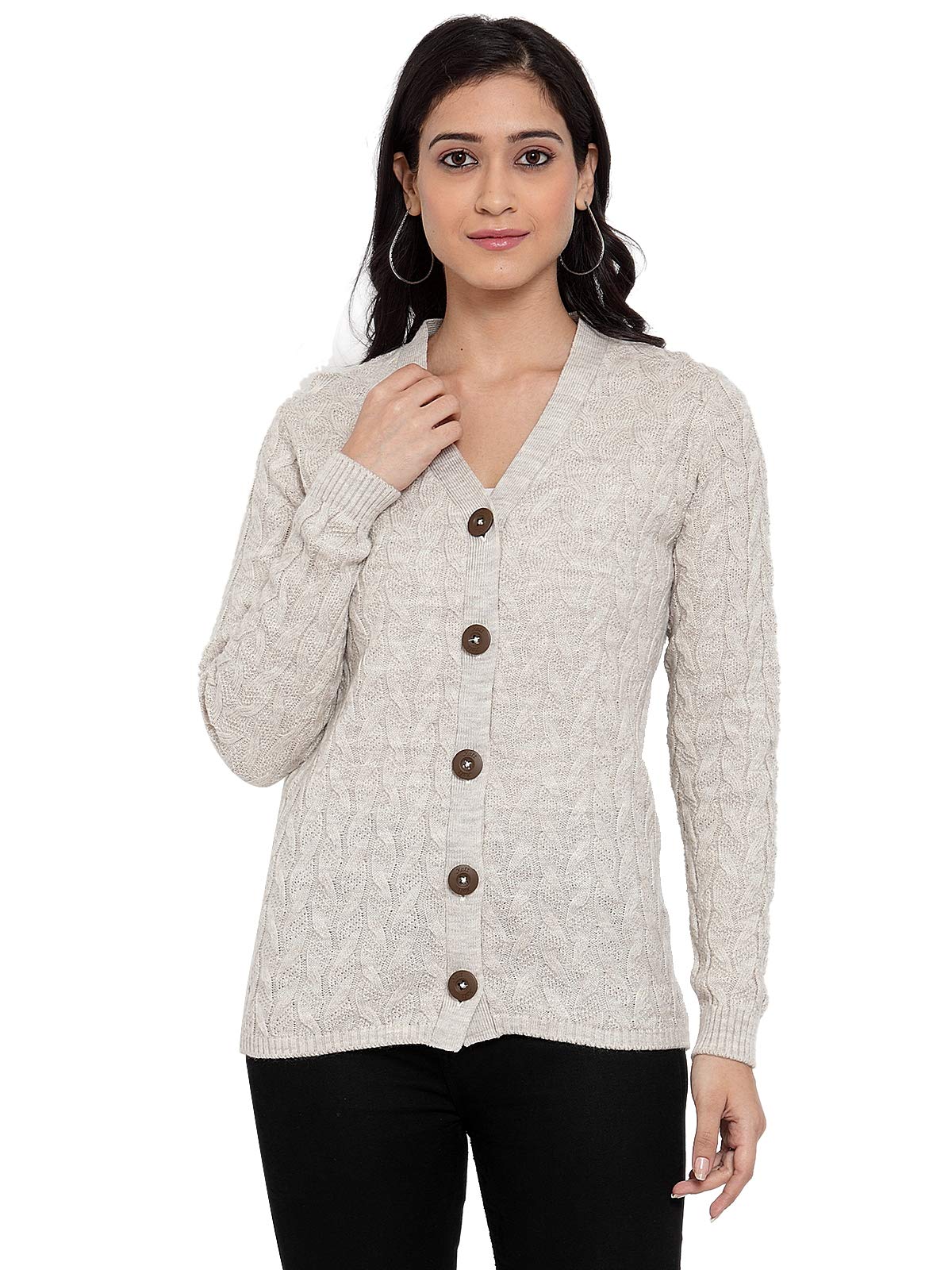 kalt Women's Full Sleeves Cable Cardigan Sweater(Beige)-picture-11