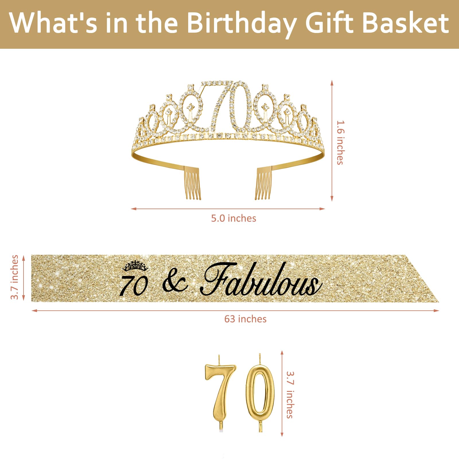 70th Birthday Decorations for Women - Gold Tiara & Sash -4