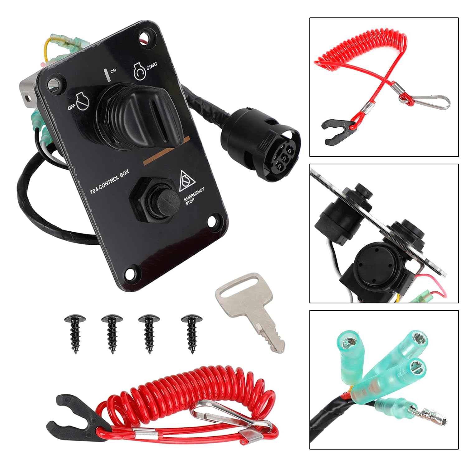 Marine Single Engine Ignition Switch Panel Kit fit for Yamaha Outboard Control 704-82570-08-00 with Keys Emergency Stop Switch Wiring Harness Mounting Screws 704-82570-12-00 704-82570-11-00