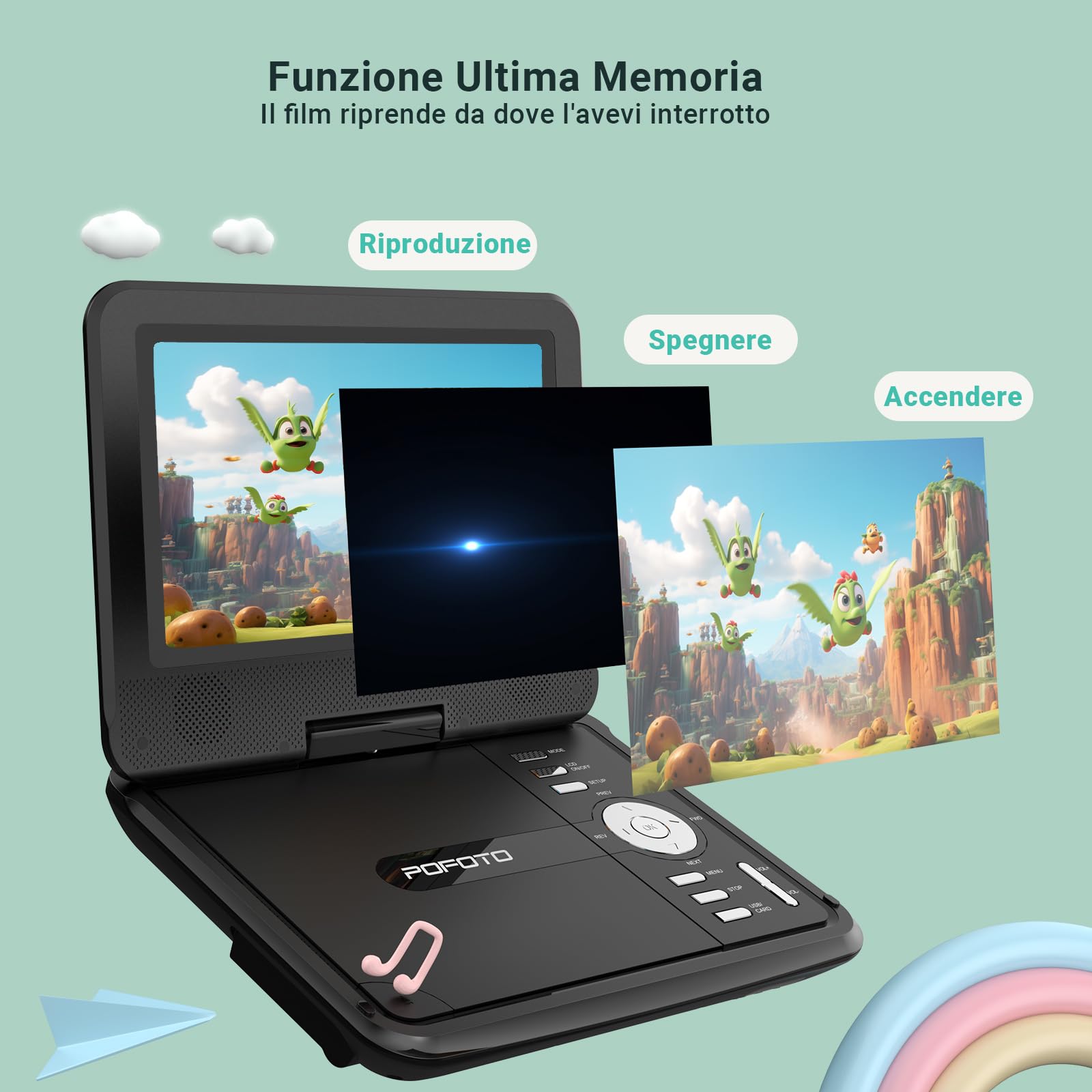 POFOTO Lettore DVD Portatile 9,5'' con Schermo HD Ruotabile 7,5'', Batteria 4-6 Ore, Supporto Multiformato Dischi/SD/USB, Antiurto, Riproduzione Memoria, Sync TV e Proiettore, con Caricatore per Auto