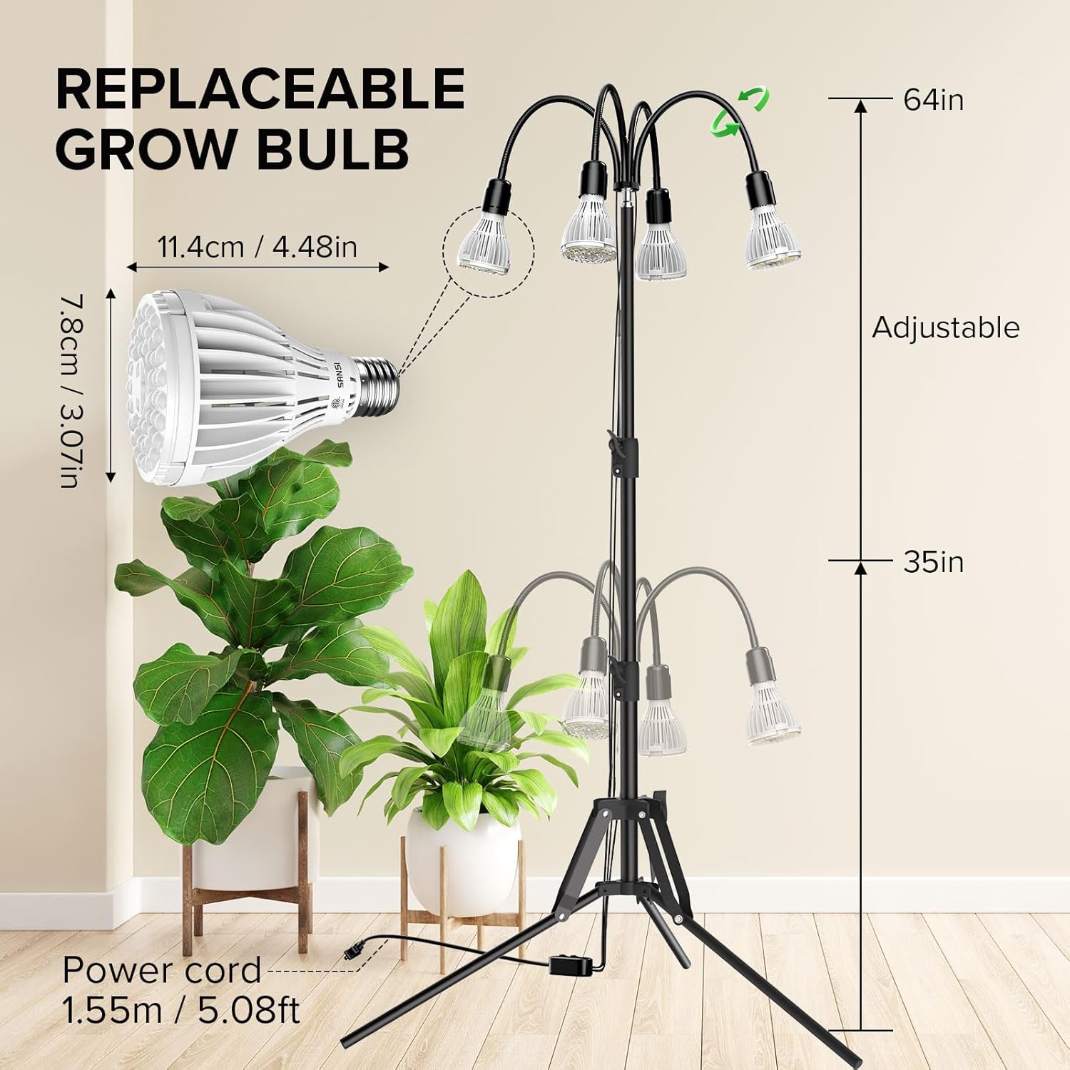 Image showing a replaceable grow light bulb next to the grow light stand, highlighting the E26 base and dimensions.