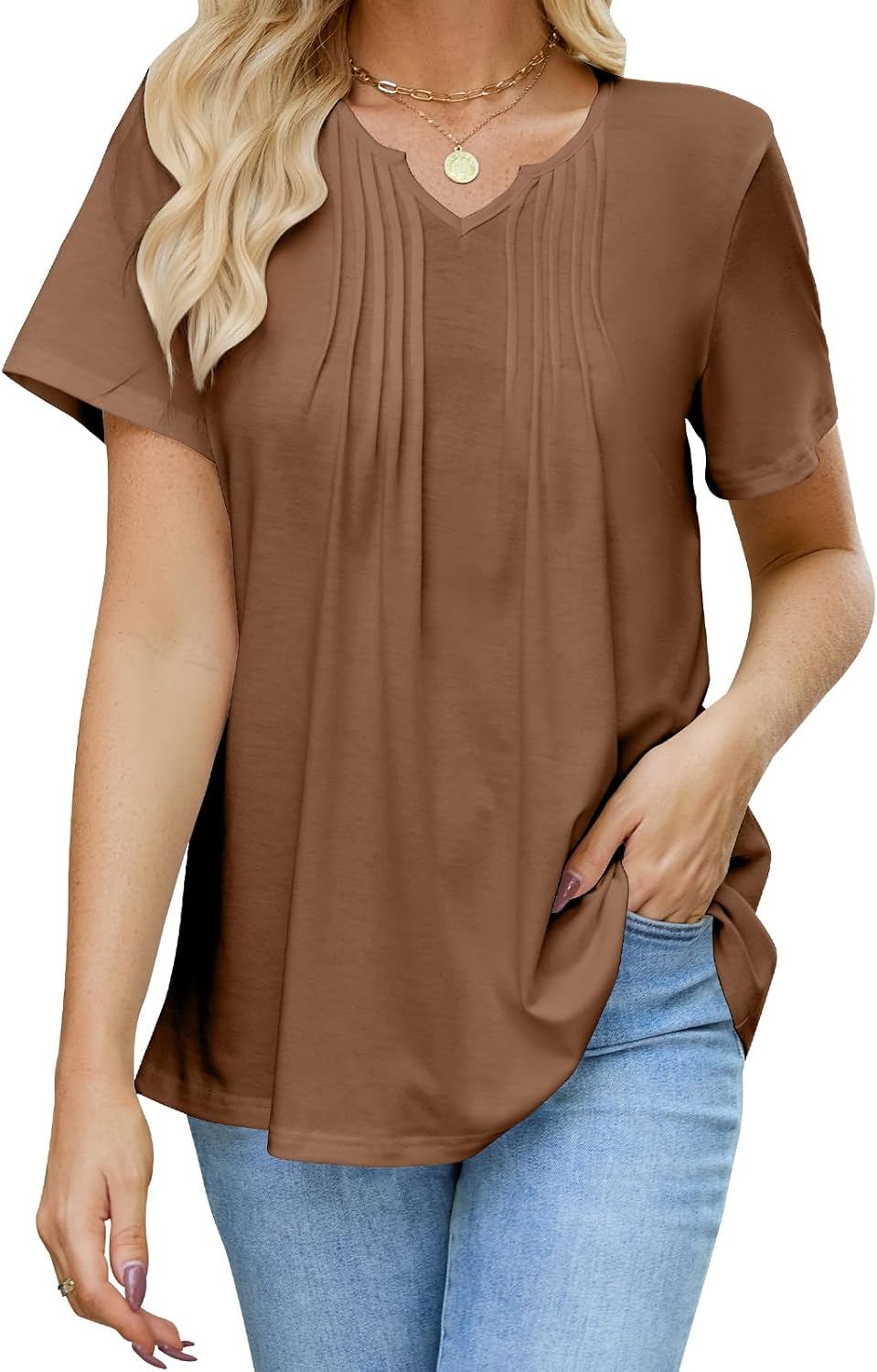 Womens T Shirts Short Sleeve Pleated Dressy Tunic Casual V Neck Summer Tops Blouses Beach Vacation Clothes