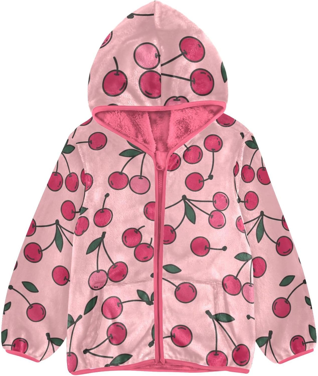 ALAZA Cherry Pattern Hoodie Jacket for Girls Toddler Fleece Zip Up Coat Plush Jacket Long Sleeve Outerwear for 3 Years