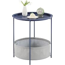 VECELO Side Table, Tray Table with Storage Basket, Coffee Table, 18.5 x 18.5 x 19.9 inches 47 x 47 x 50.5 cm, Foldable, Blue, Sofa Side, Round, Nordic, Stylish, Simple and Compact
