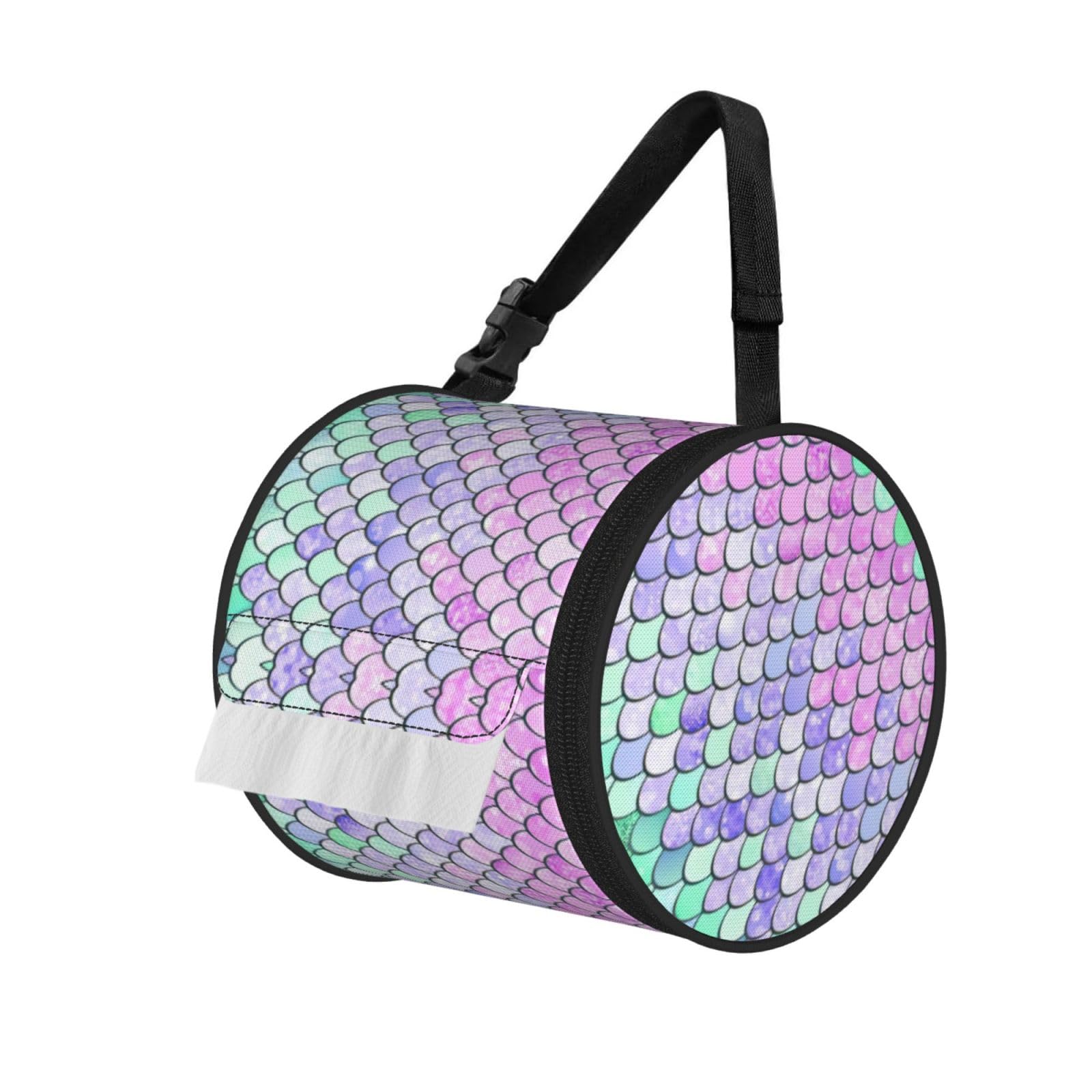 Mermaid Scale Printed Roll Paper Carrier Bag, Foldable Oxford Cloth Tissue Case for Camping Hiking Backpack