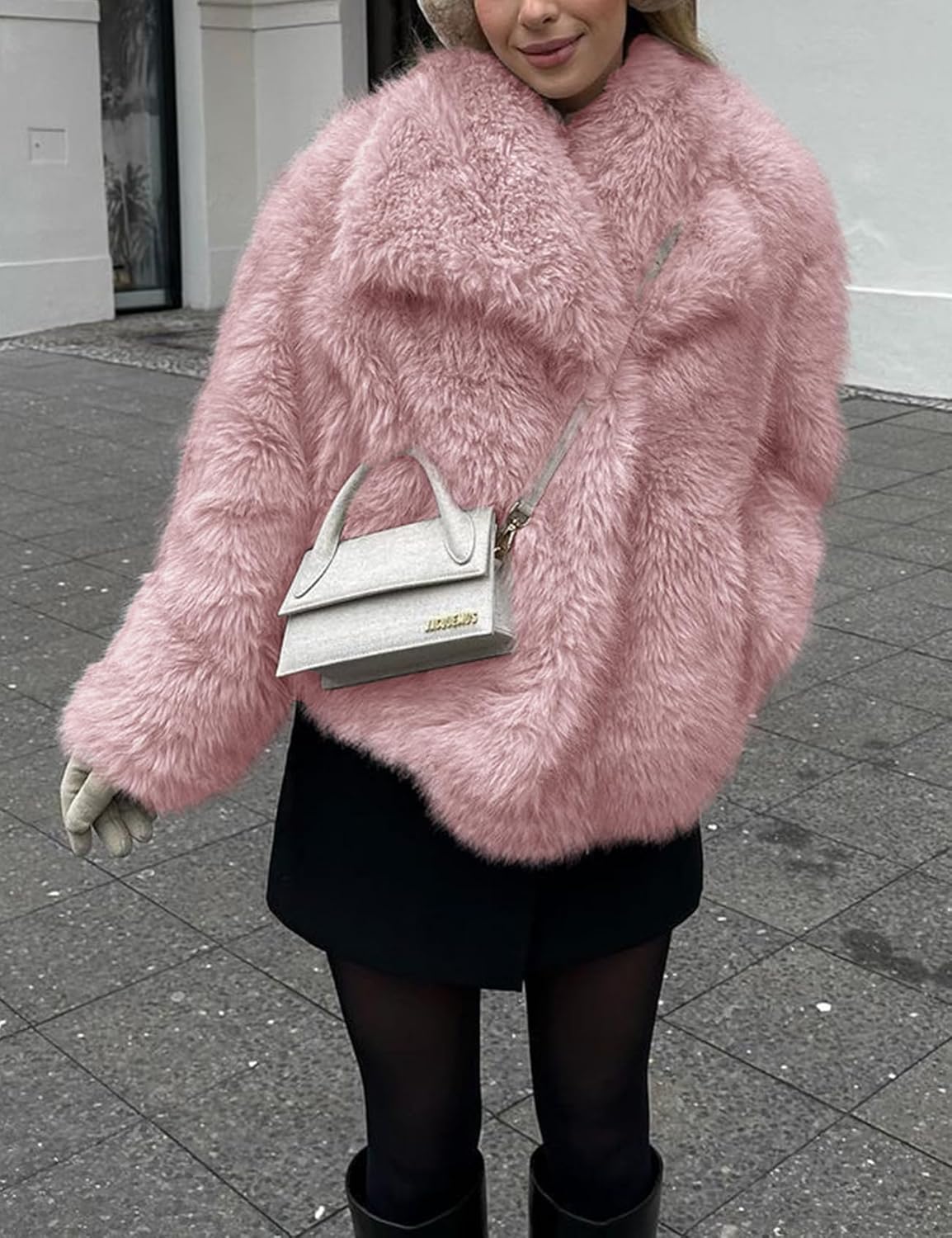 Yimoon Women's Cropped Faux Fur Jacket Lapel Open Front Shaggy Furry Coat 2024 Winter Warm Fluffy Overcoat(Pink-S) - Image 4