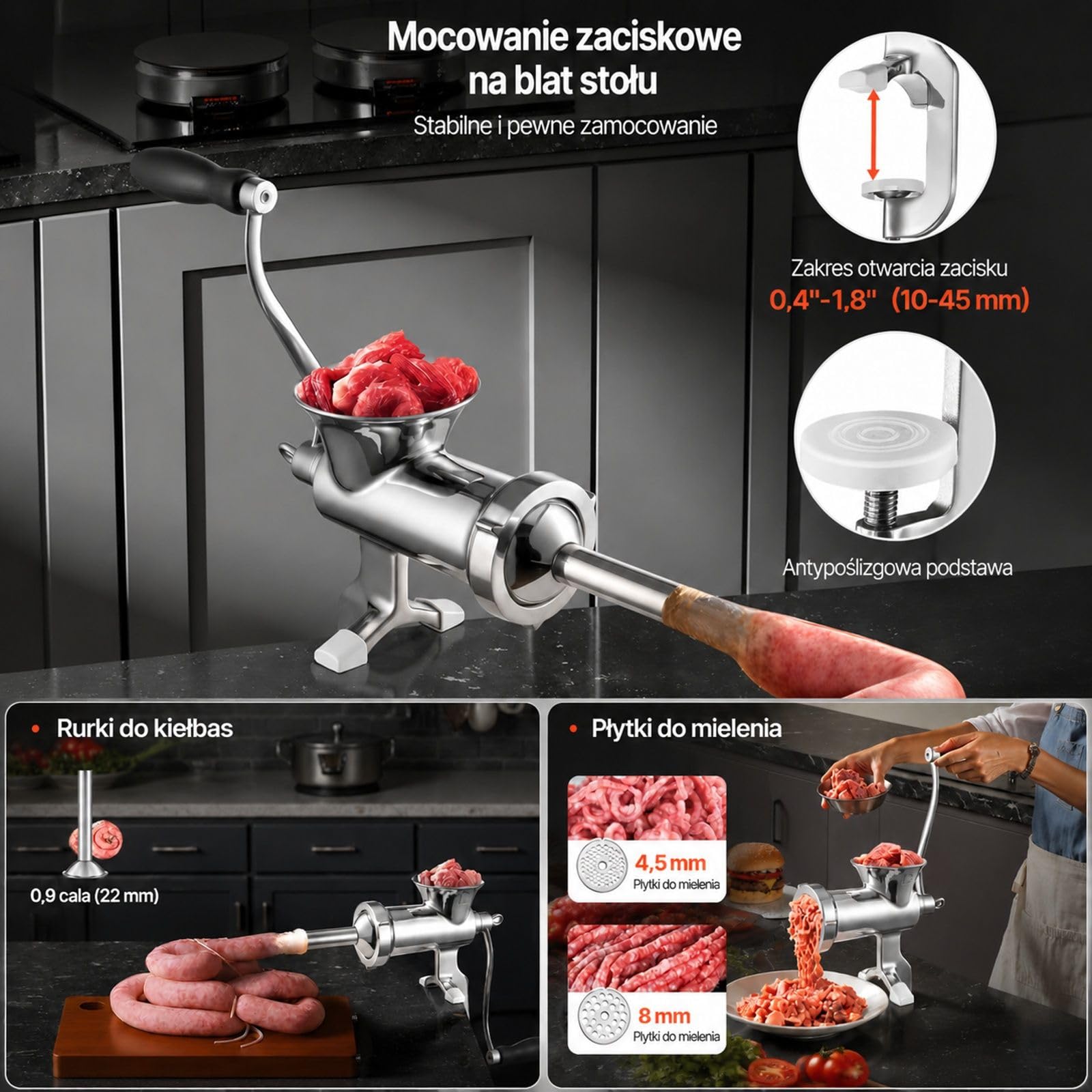 Ręczna maszynka do mielenia mięsa, srebrna stal nierdzewna, zacisk stołowy, rurka do kiełbas, do mięsa i warzyw