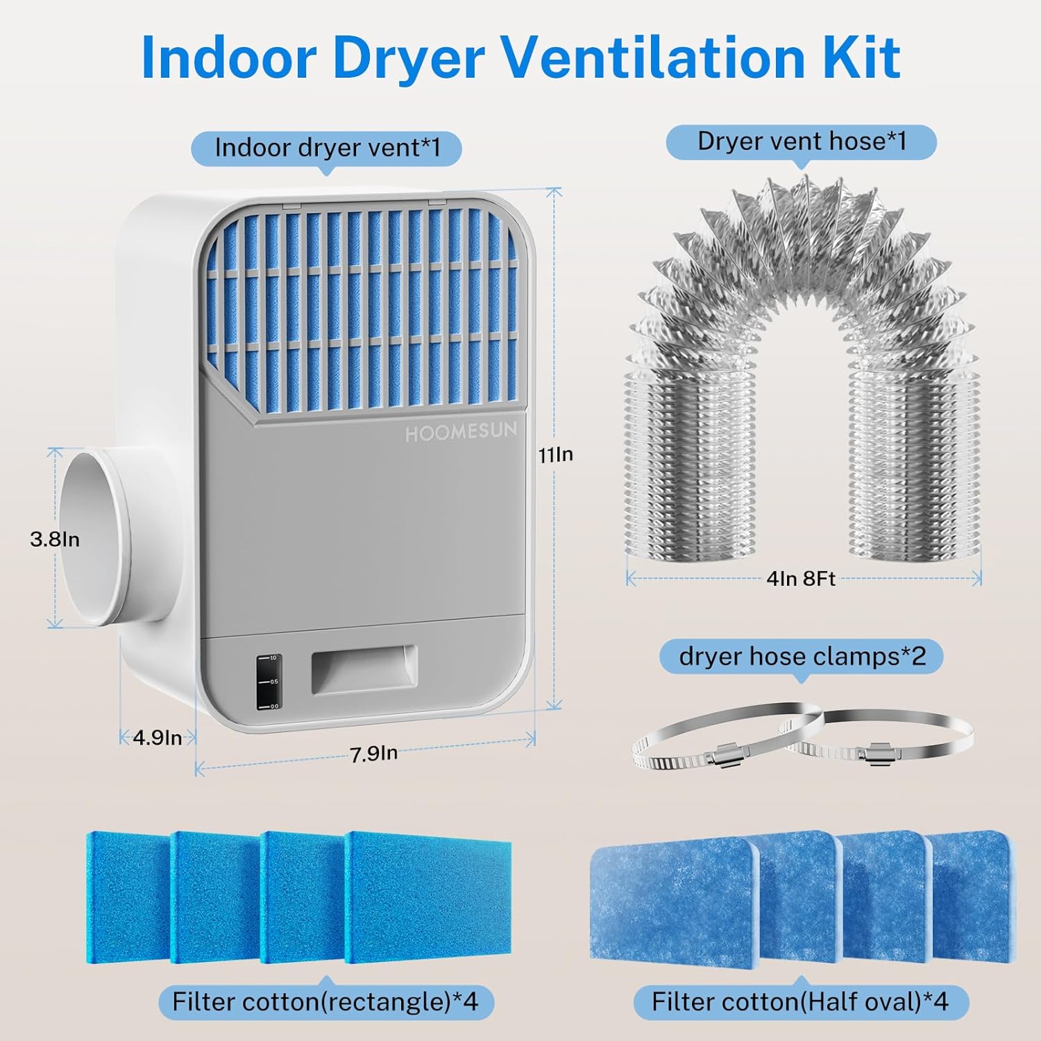 Dryer Vent Box, Indoor Dryer Vent Kit for Electric Dryer, 3-in-1 Indoor Vent Kit with Water Drawer System and 8 Polyester Filters, 4 Inch Vent Hose Inside Dryer Venting System