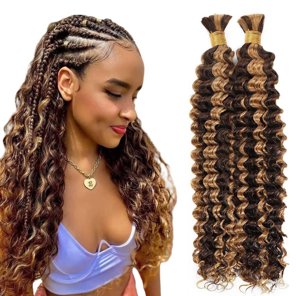Evaxilc Deep Wave Bulk hair For Braiding 2 Bundles/Pack p4/27 Highlight Blonde Color Brazilian Virgin No Weft For Braiding Wavy Human Hair Extensions 24 24 Inch