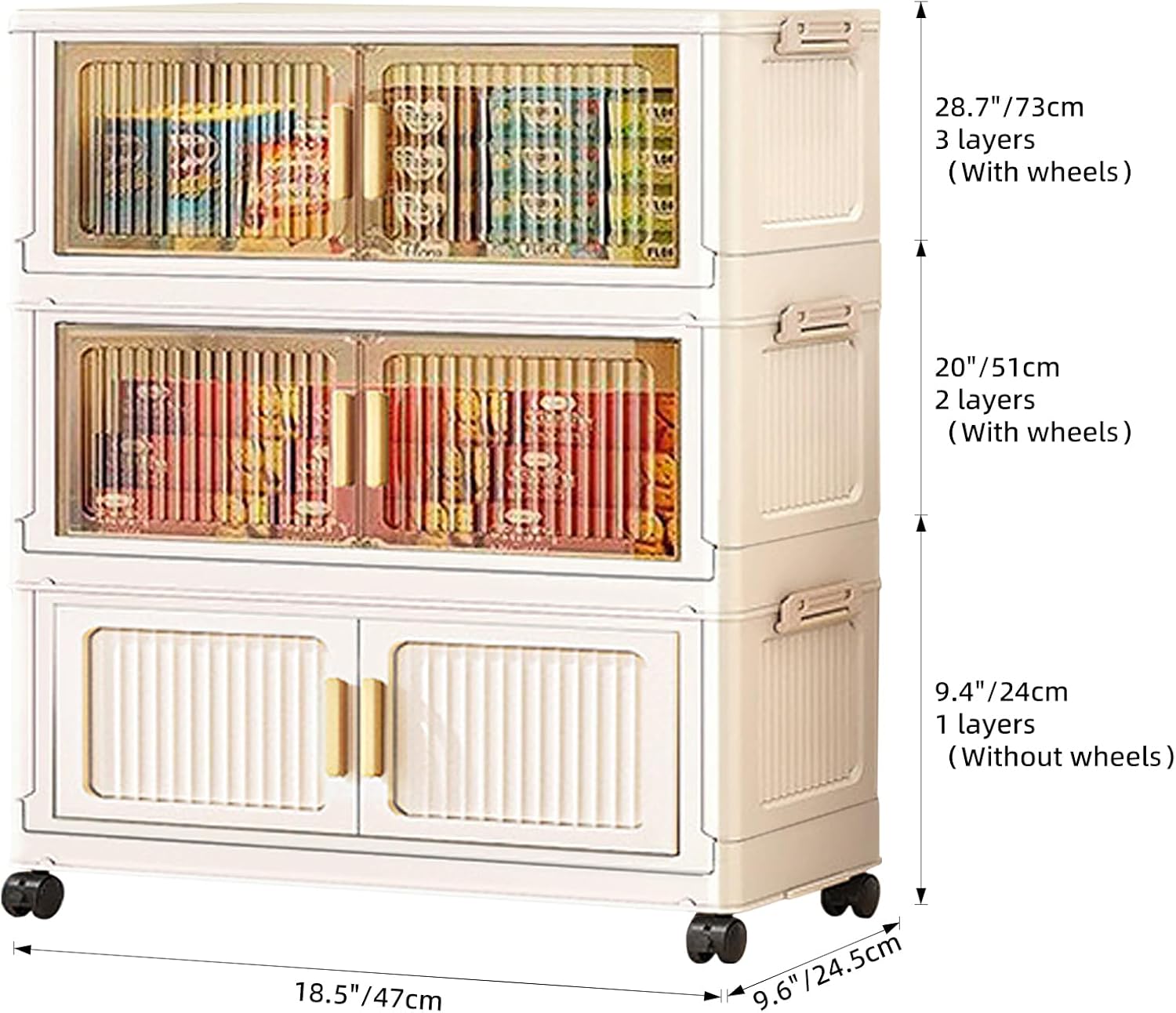 3-Tier Stackable Storage Bins with Lids, Foldable Plastic Organizer with Wheels, for Closet Bedroom (Stripe - 2 Clear & 1 Yellow, 3 Tier - 18.5" D x 9.6" W x 28.7" H)