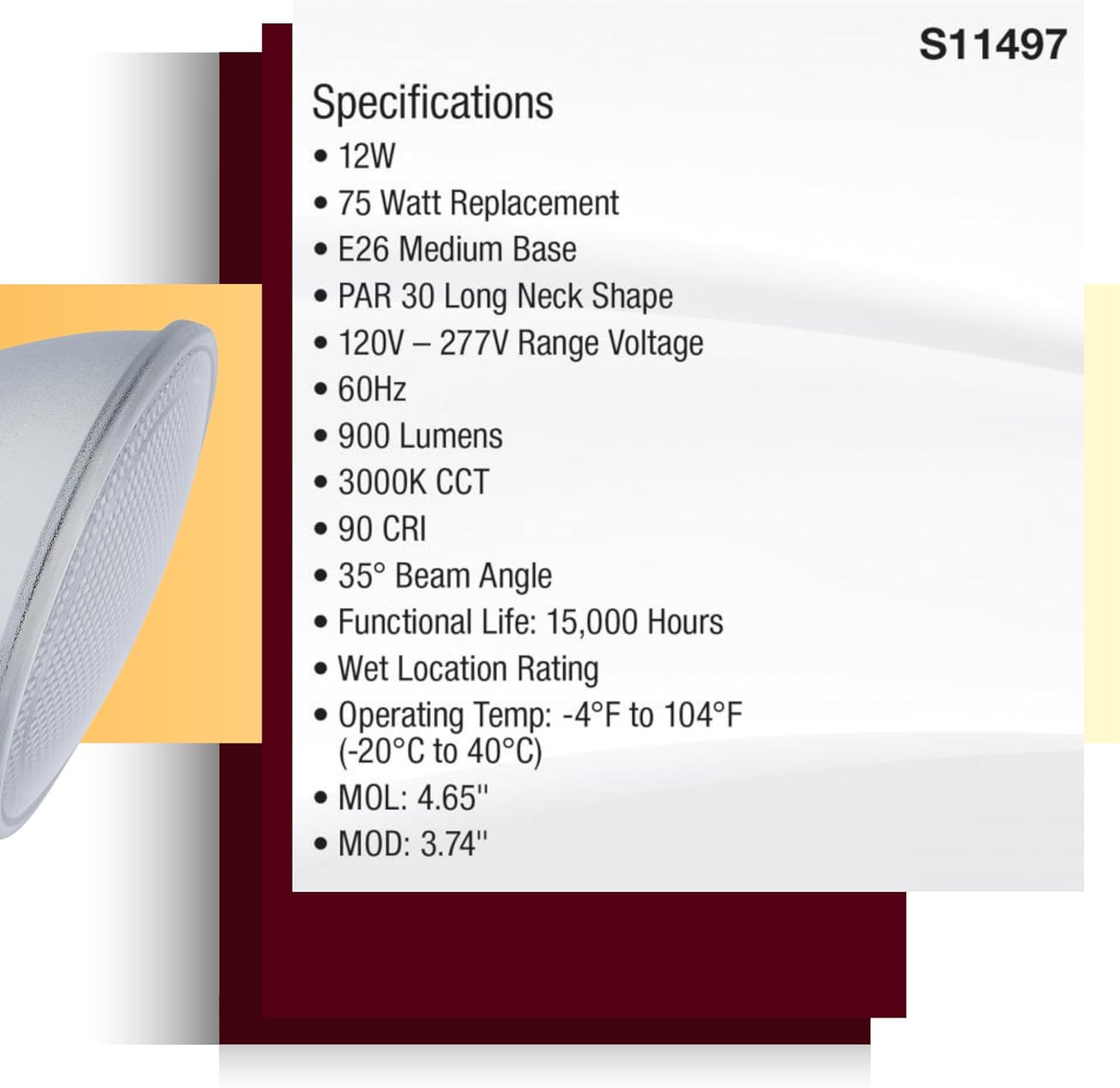Satco S11497 12 Watt Econo LED PAR30LN; 3000K; 35 Degree Beam Angle; Medium Base; 120-277 Volt; Silver Finish (6 Pack)