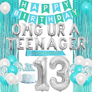 Omg Ur A Teenager Balloon Sash Teenager Birthday Party Decorations 13th Birthday Decorations for Girls Teal Blue Sweet 13 Happy Birthday Banner Cake Topper Foil Tinsel Curtain