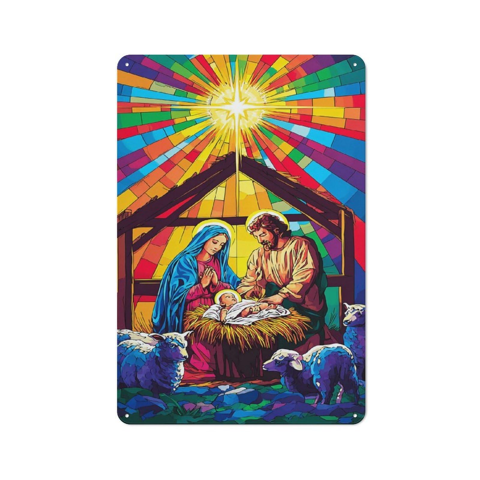 Junmoney Colorful Nativity Scene With Holy Family And Sheep Retro Metal Sign 30X20cm, Garage Style Shed Wall Plaque For Garage, Hobby Room, Office Or Man Cave