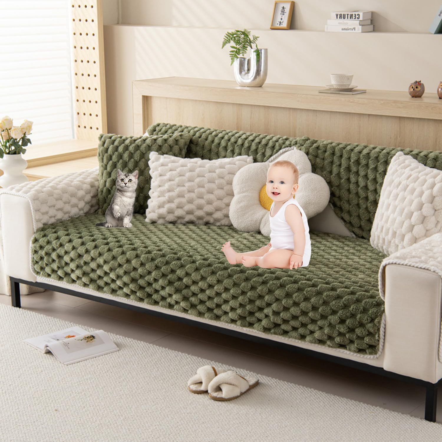 Funda de sofá seccional verde 90x210cm de felpa 3D lavable
