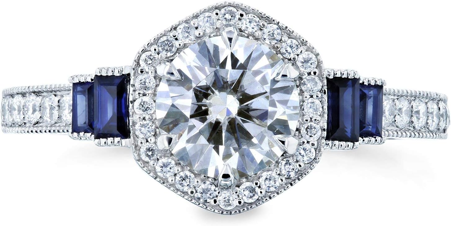 Kobelli Moissanite Sapphire and Diamond 6-prong Halo Art Deco Ring 1 1/2 CTW 14k White Gold (GH/VS, Blue, GH/I)
