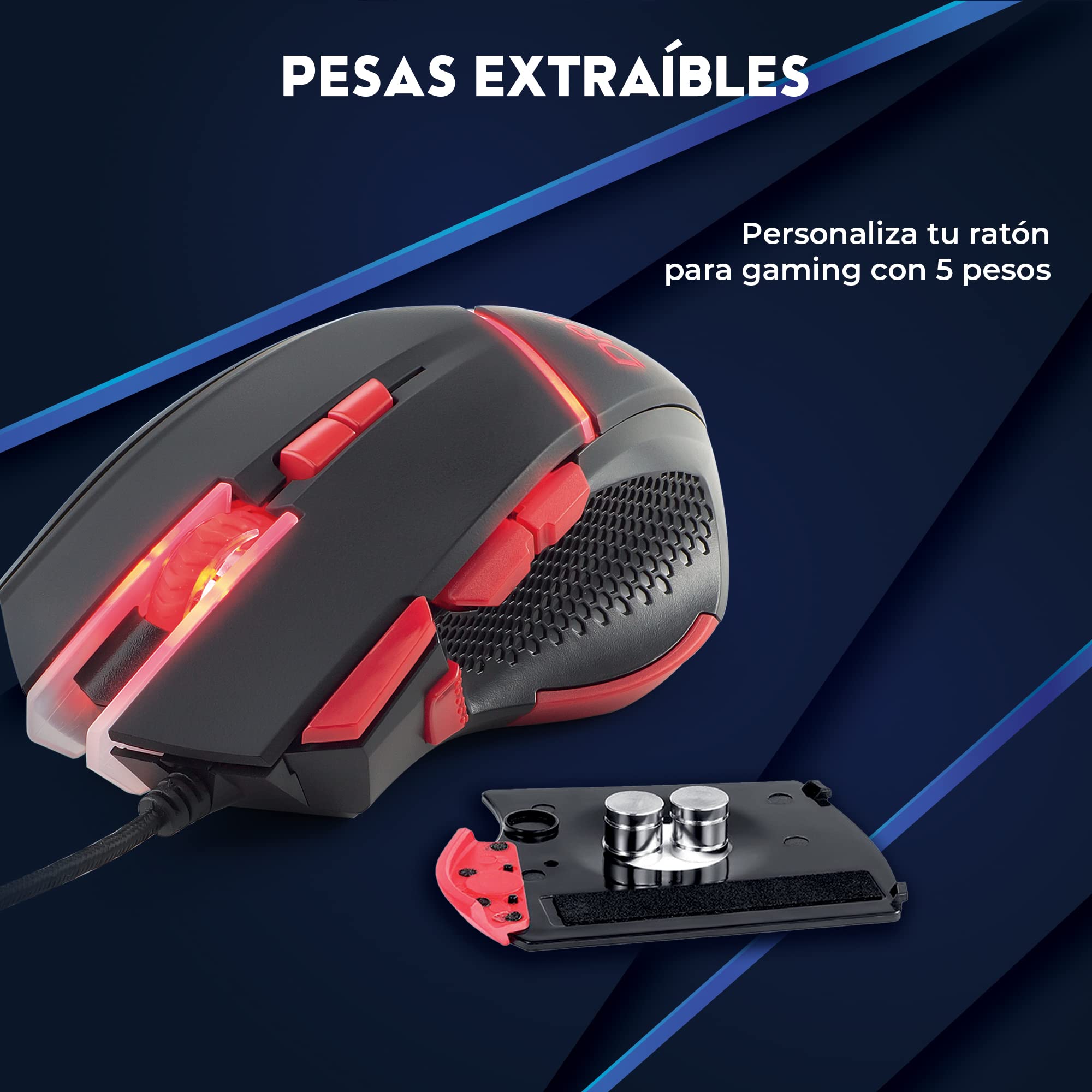 DR1TECH Hunter+ Ratón Gaming Profesional [5 Pesas Extraíbles + Triple Fire] - 9 Teclas hasta 4200 dpi - Ratón Ergonómico con Cable para PC/PS4/XBOX
