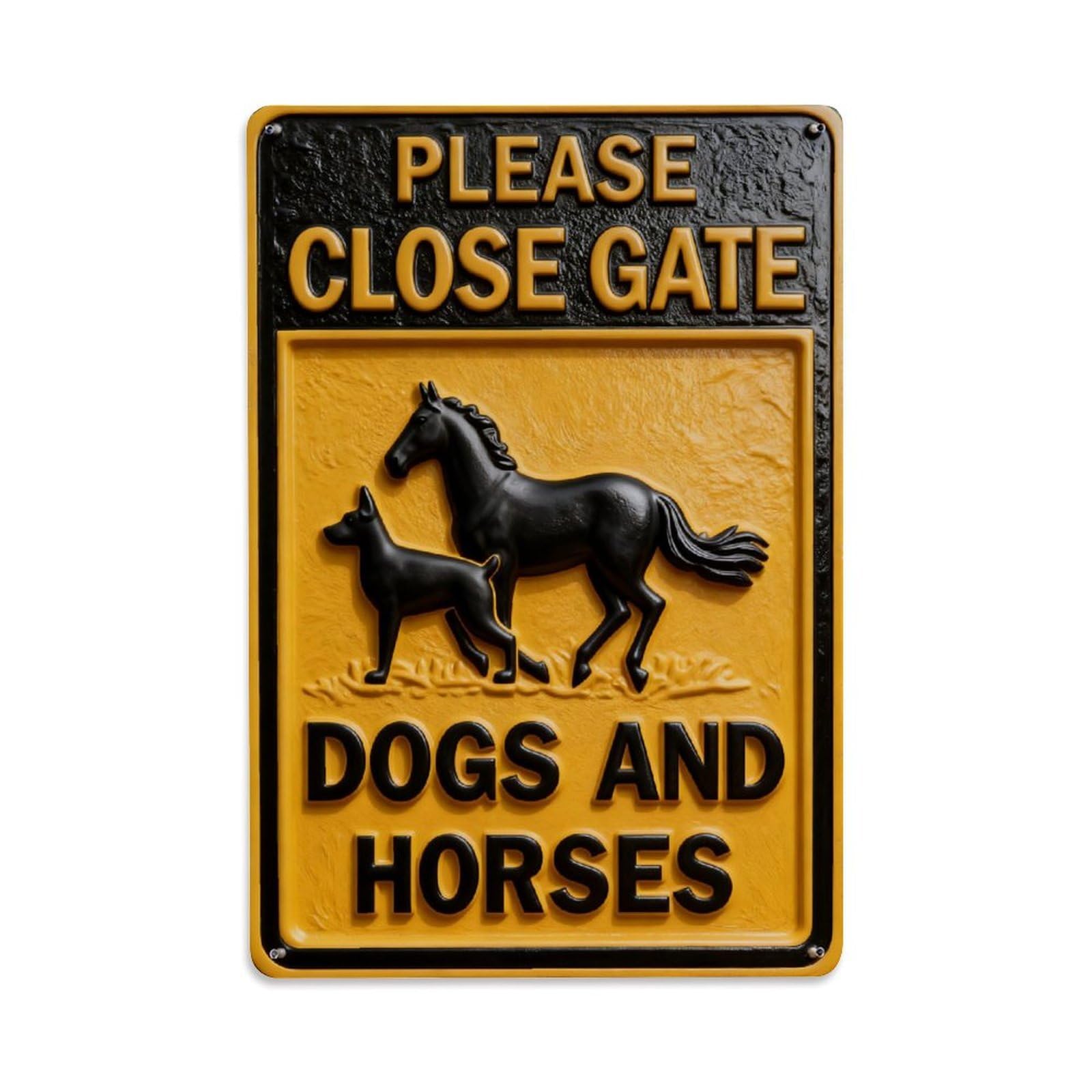 Please Close Gate Dogs And Horses Vintage Metal Tin Sign Retro Wall Decor, Bar Garage Cafe Kitchen Home Wall Art Poster Decoration 8x12inches