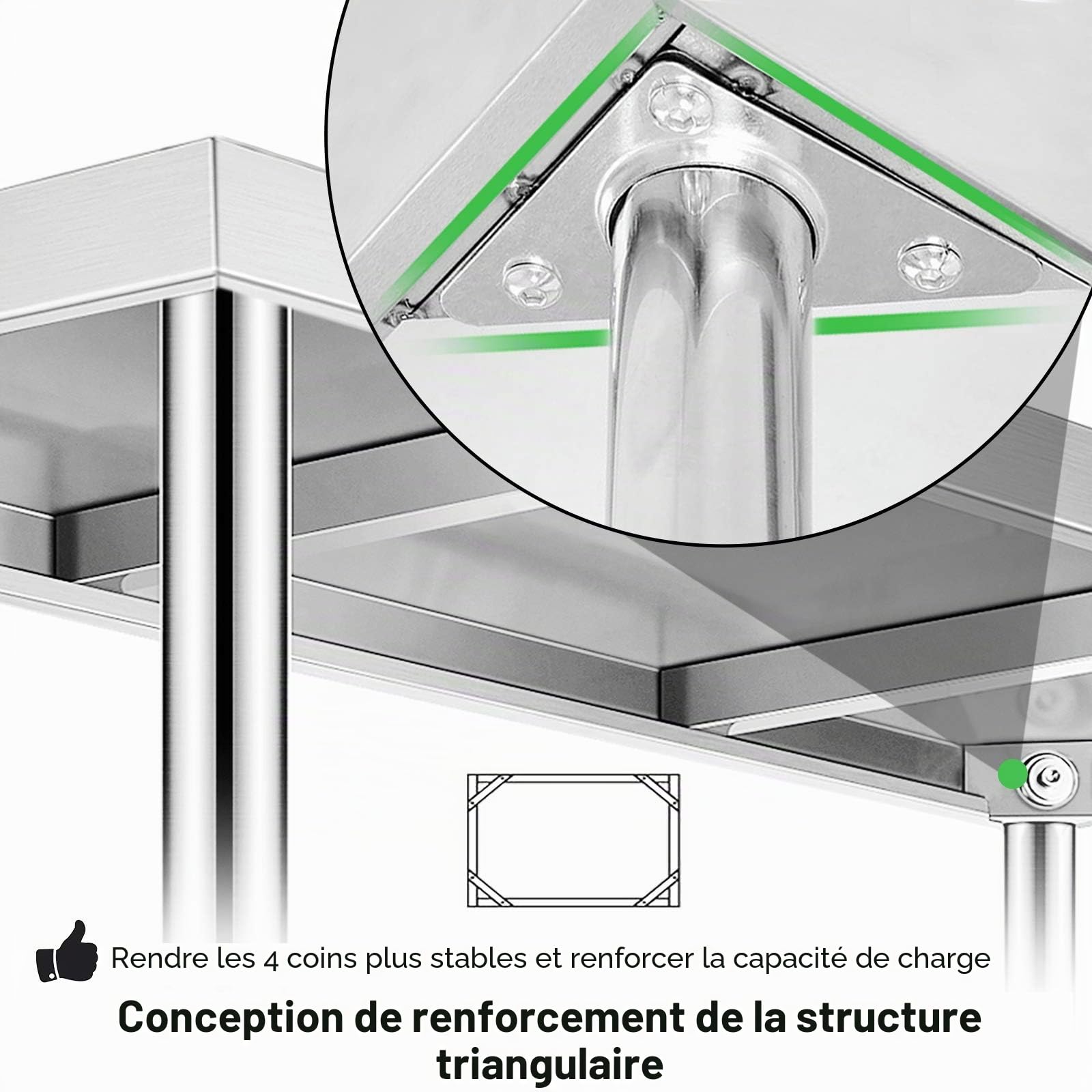 UISEBRT Table de travail en acier inoxydable avec bords biseautés, table de cuisine avec pieds réglables, table de cuisine avec étagère inférieure extra large, 120 x 60 x 85 cm, avec bord arrière