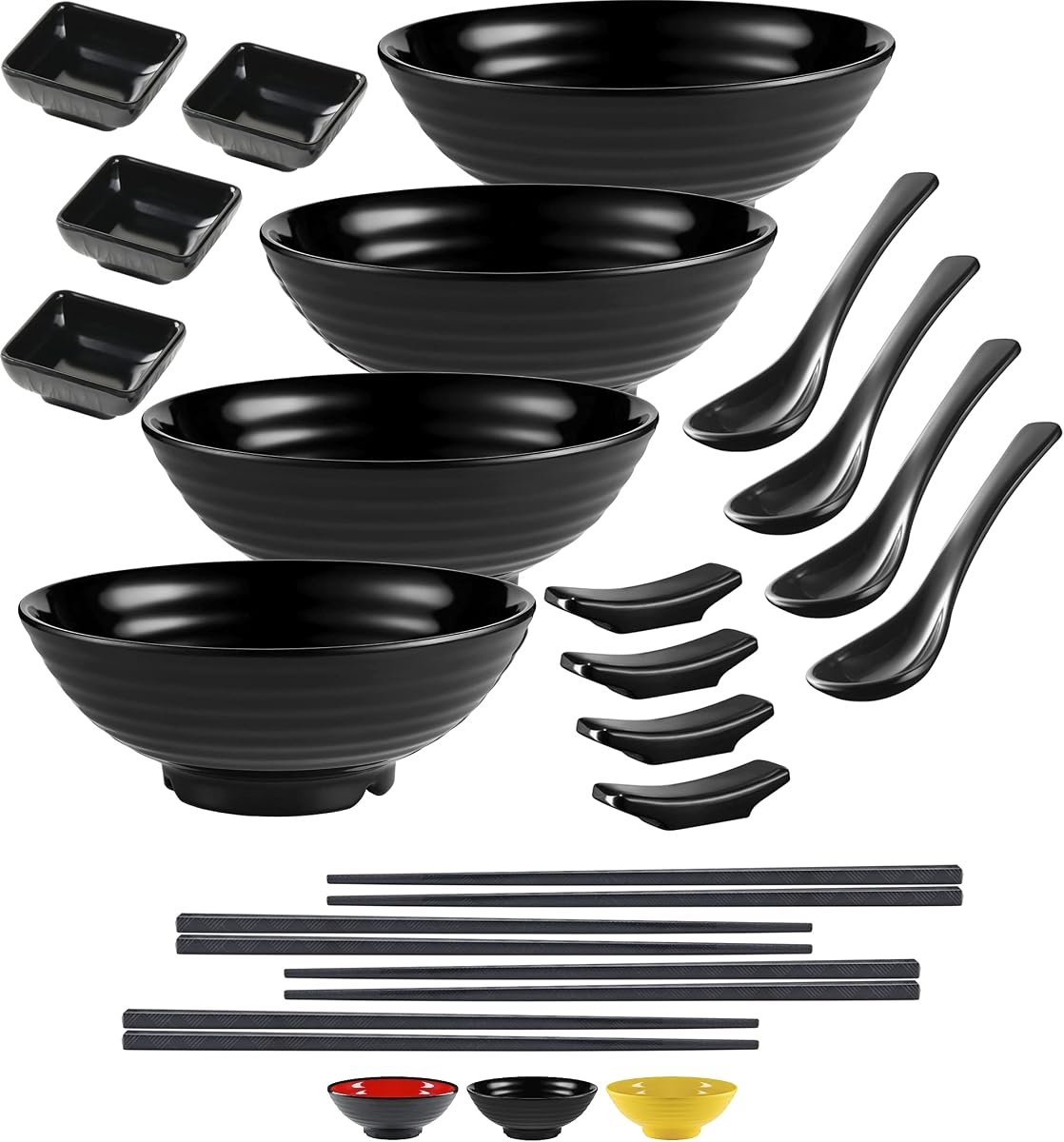Practimondo 4 Noodle Bowls Set - large 32oz Ramen Bowl Set for authentic Asian Cuisine - with Dipping Bowls, Spoons, Chopsticks & Chopstick Stands. Enjoy Thai Miso Udon Wonton (4 Bowl Set, Black)