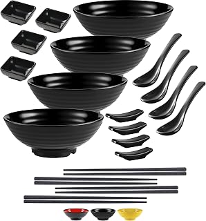 4 Noodle Bowls Set - large 32oz Ramen Bowl Set for authentic Asian Cuisine - with Dipping Bowls, Spoons, Chopsticks & Chopstick Stands. Enjoy Thai Miso Udon Wonton (4 Bowl Set, Black)