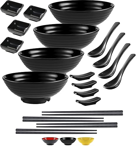 Practimondo 4 Noodle Bowls Set - large 32oz Ramen Bowl Set for authentic Asian Cuisine - with Dipping Bowls, Spoons, Chopsticks & Chopstick Stands. Enjoy Thai Miso Udon Wonton (4 Bowl Set, Black) - 4 Bowl Set - Black