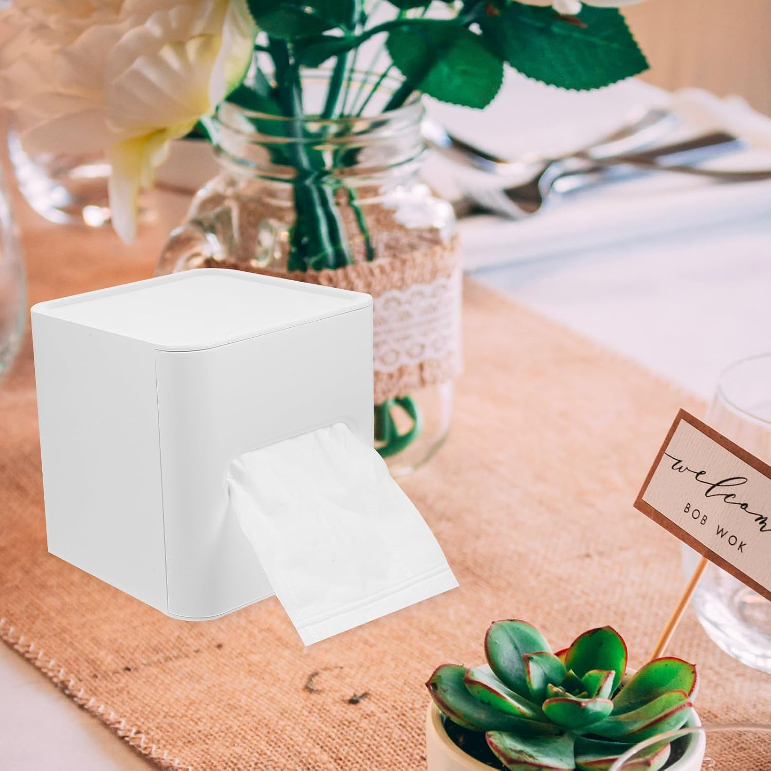 Square Tissue Storage Box Multifunctional Desktop Tissue Holder White Napkin Organizer for Home Bathroom Living Room Use