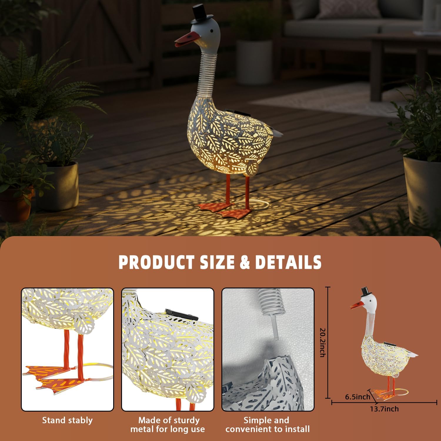 Porch Goose Garden Statue, Solar Metal Goose Yard Statue, 20 Inches High Geese Decoration, Garden Decor for Outside, Outdoor Goose Figurine for Patio, Porch, Yard, Lawn Ornament, Garden goose Gift