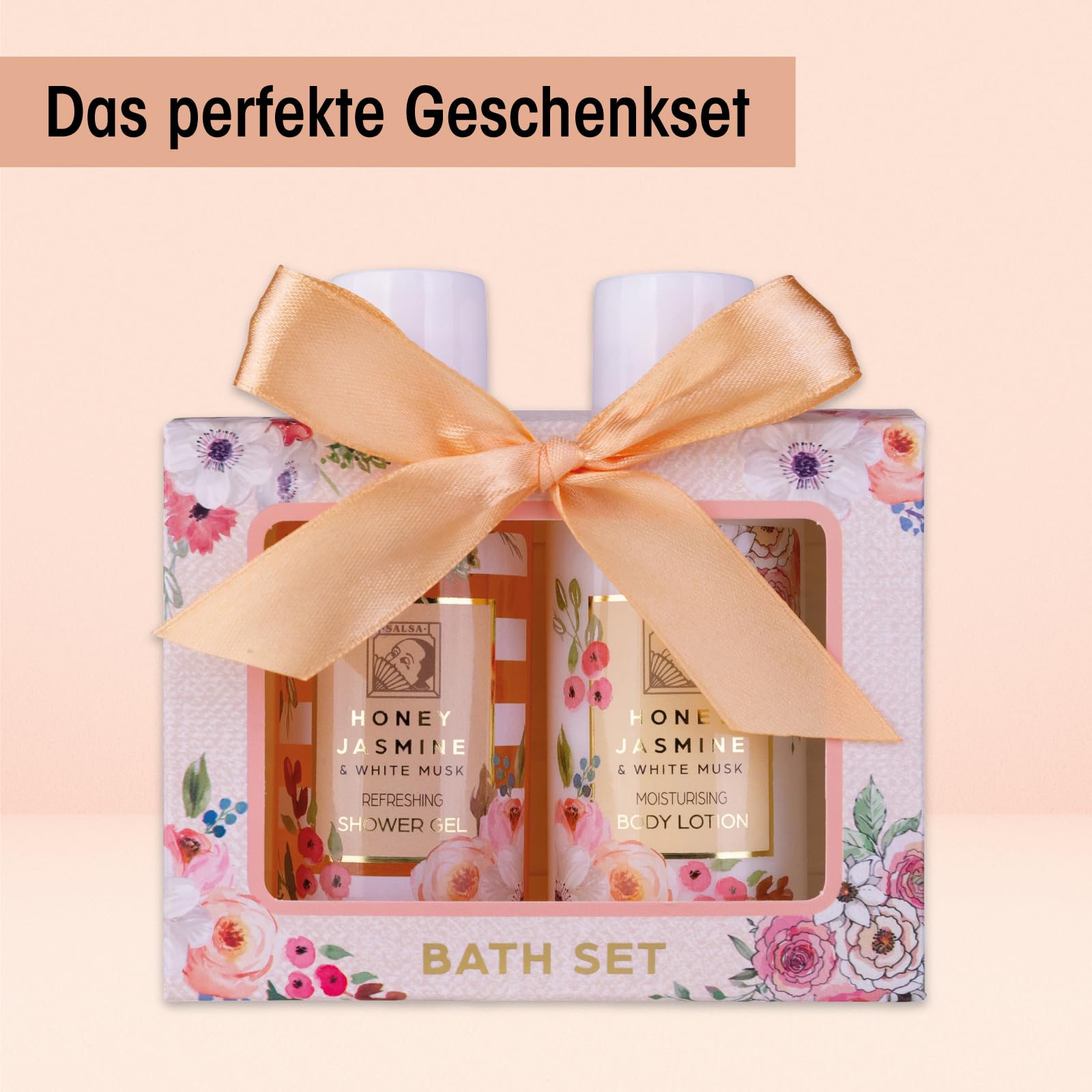 Accentra - Set de ducha para mujer HONEY JASMINE en un bonito estuche - Set de cuidado de 2 piezas con gel de ducha y loción corporal - Regalo de bienestar para San Valentín o el Día de la Madre