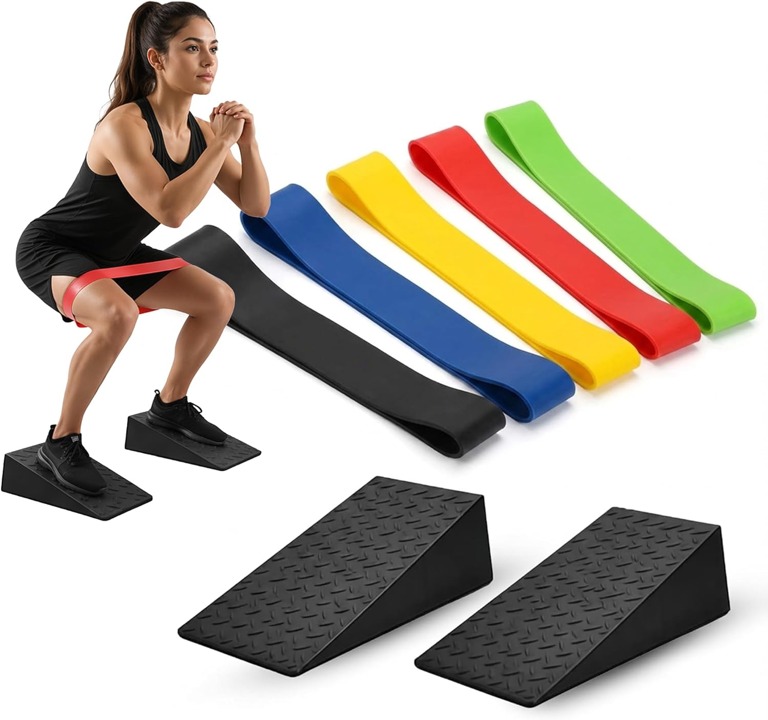 Squat Wedge Block 2PCS, Non-Slip Rubber Slant Board for Deeper Squats & Weightlifting, Heel Elevated Trainer with 5 Resistance Bands for Mobility & Strength Training