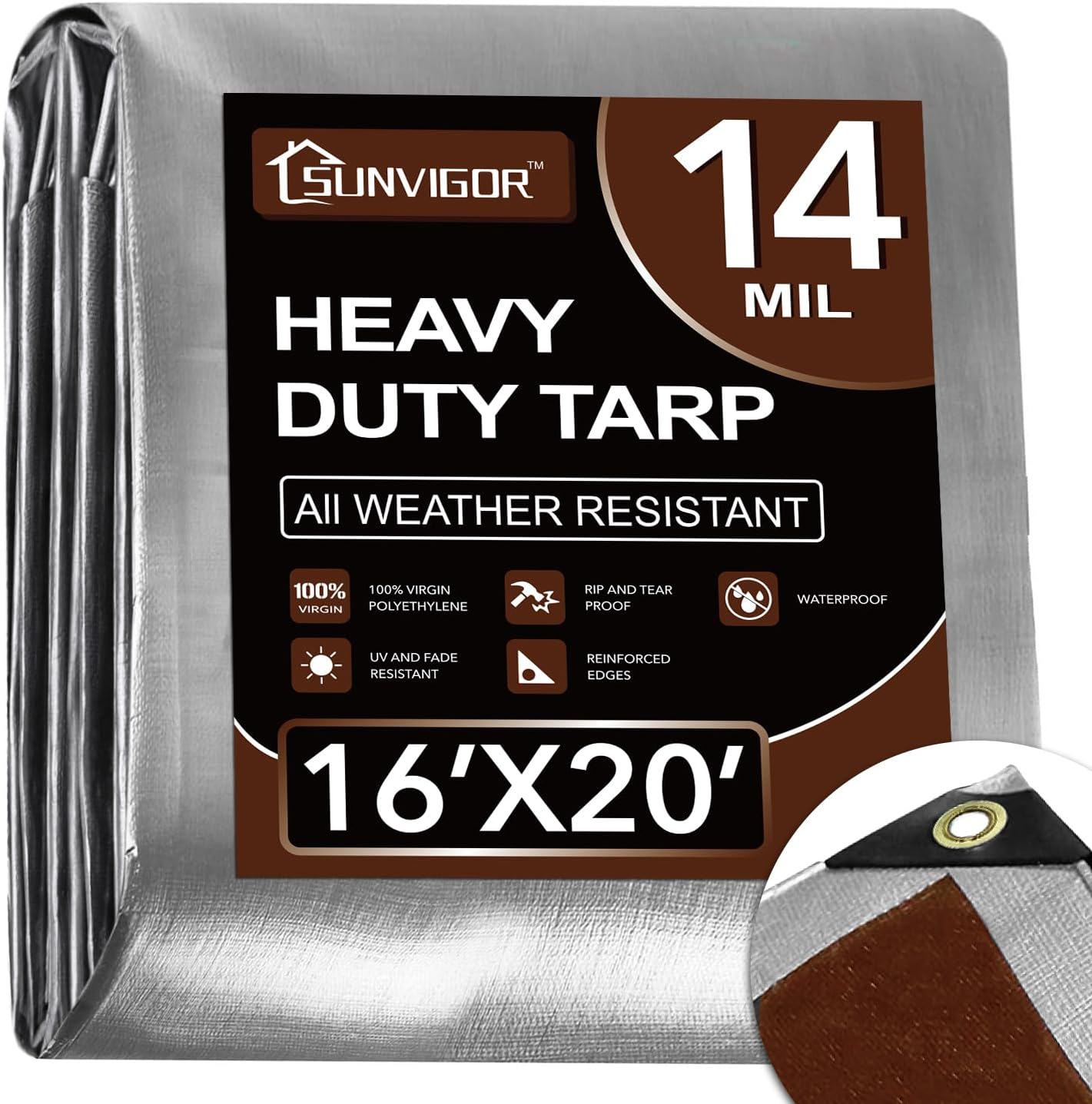 Tarp Waterproof 16x20Ft, Heavy Duty Tarp Cover Extra Thick 14 Mil Tear and UV Resistant, Outdoor Tarps with Grommets and Reinforced Edges for Roof, Camping, Patio, Pool, Boat