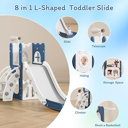Miniatura 3 de Tobogán 6 en 1 para niños pequeños, para interiores y exteriores, tobogán de bebé con aro de baloncesto, telescopio y espacio de almacenamiento,